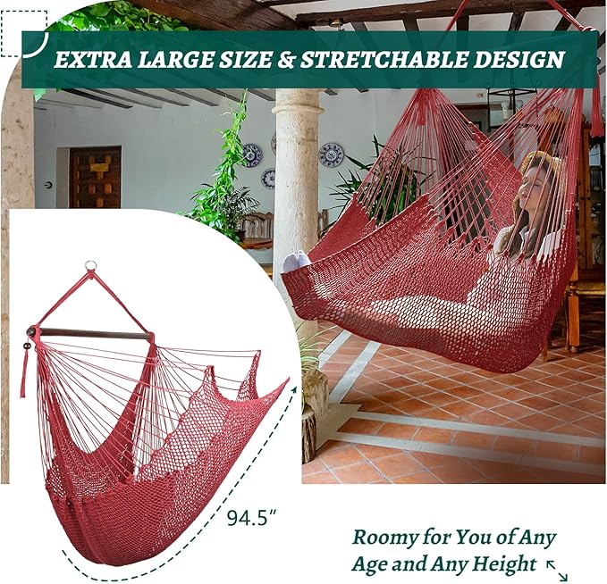 Bathonly Large Hammock Chair with Spreader Bar, Caribbean Hammock Swing Chair, XL Hammock Chair Outdoor Indoor, 330 LBS Weight Capacity, Red Bathonly