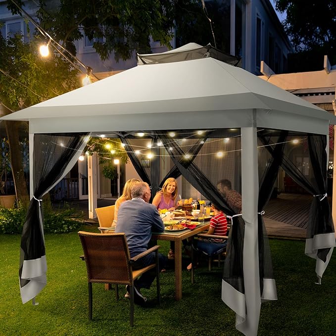 COBIZI 12x12 Pop Up Gazebo On Clearance - Upgrade Easy Up Metal Outdoor Canopy Waterproof - Portable Gazebo with Mosquito Nettings, 4 Ropes 8 Stakes and Carry Bag for Patio Garden(Light Gray) COBIZI