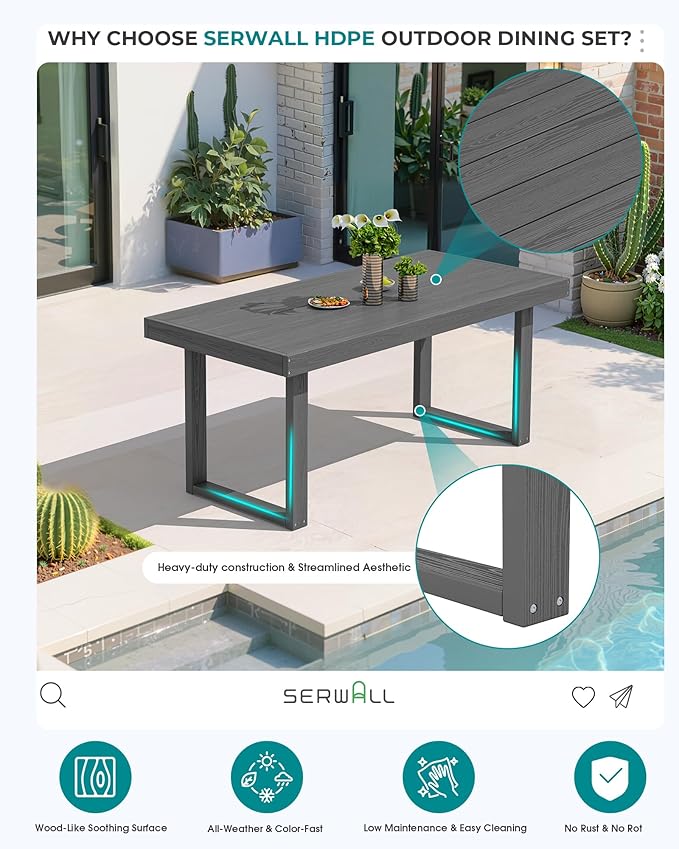 SERWALL HDPE Outdoor Dining Set for 4, 67'' All Weather Patio Dining Table and Chairs Set for Deck, Lawn, Gray SERWALL
