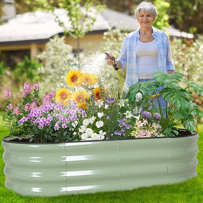 Galvanized Raised Garden Bed - 4×2×1ft (2 Packs) Planter Raised Beds for Gardening | Oval Metal Garden Planter Box with Safety Edging and Gloves for Vegetables Fruits Flower - AvocadoGreen BIRDSINYARD