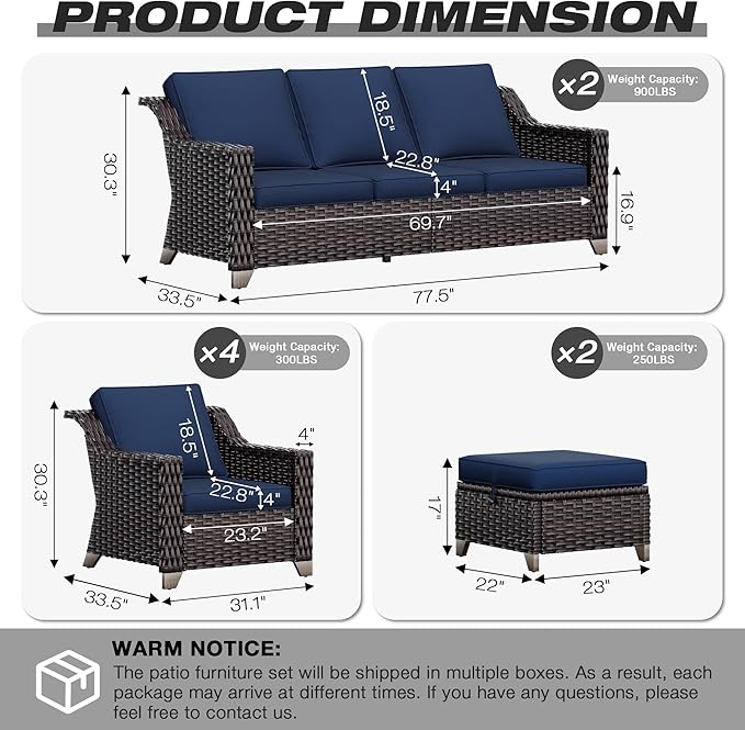 Joyside Wicker Patio Furniture Sets, 7 Pieces Upgraded Large Size Outdoor Furniture with 4 Swivel Rocking Patio Chairs, 3-Seat Sofa, Outdoor Ottoman, Thick Cushions, Wide Armrest, Blue Joyside