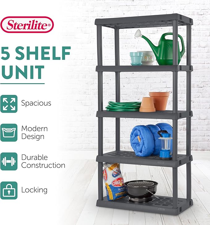 Sterilite 5 Shelf Unit, Heavy-Duty Shelving Storage Rack for Home and Garage, Gray - Multipurpose Plastic Organizer Shelves for Smart Organization Sterilite