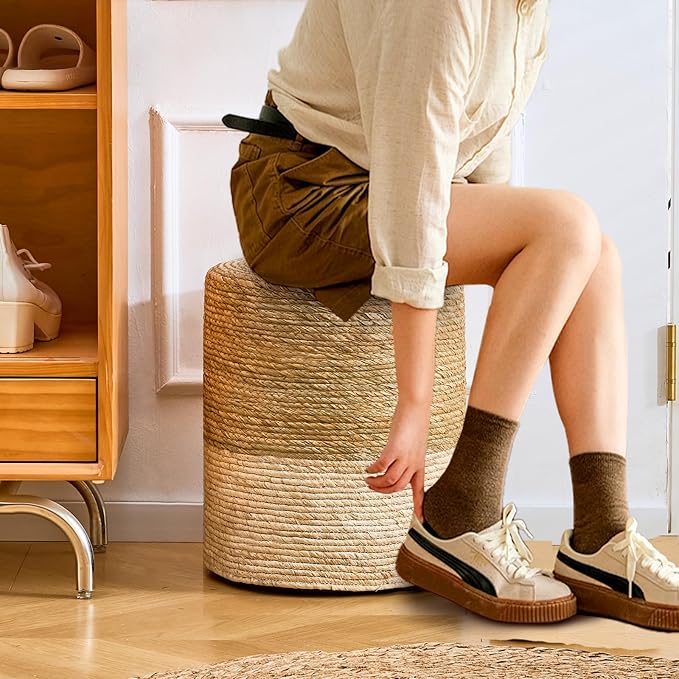 Wimarsbon Ottoman Poufs, 100% Natural Seagrass Pouffe, Hand Weave Round Footstool with Wood Frame, Sitting Braided Footrest, Home Boho Decorative Seat, Accent Chair for Living Room, Bedroom Wimarsbon
