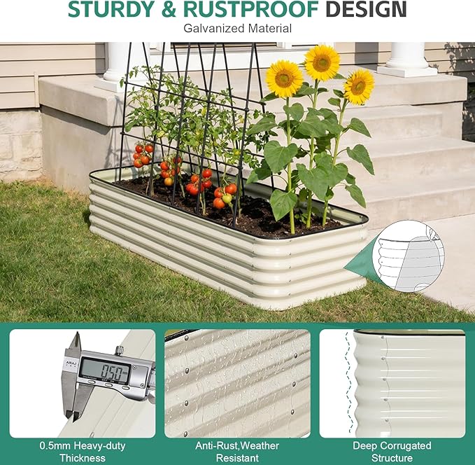 5 in 1Galvanized Raised Garden Bed - 8x3x1.4ft Modular Garden Planter Bed Outdoor | Steel Raised Bed Kit with Bracing Rods, Gloves for Gardening Vegetables Fruits and Flowers - White BIRDSINYARD