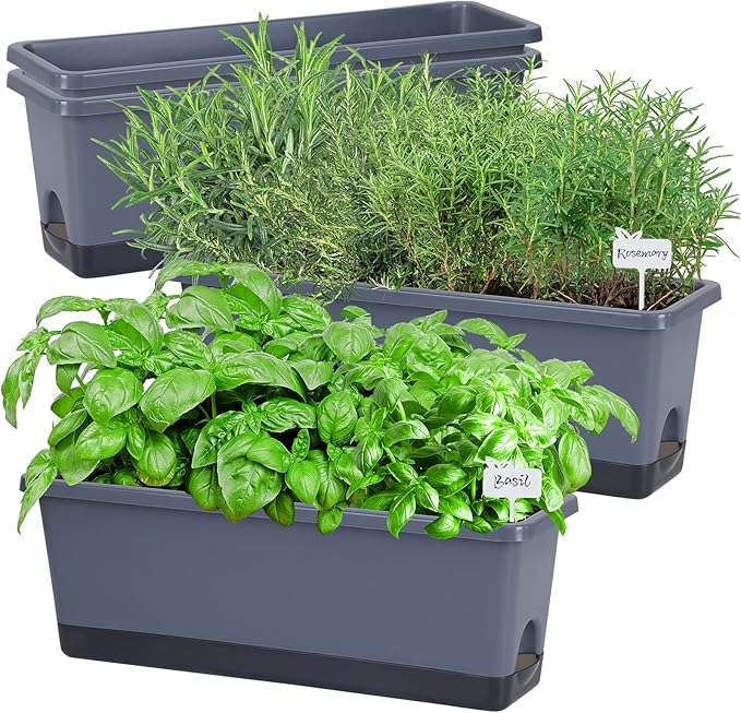 Window Box Planter 4 Packs, 17 Inches Rectangle Flower Pots with Drainage Holes & Trays, Pots for Vegetables, Herbs, Flowers, Garden Windowsill Balcony (Grey, 17 * 5.1 * 6 inch) Oliz