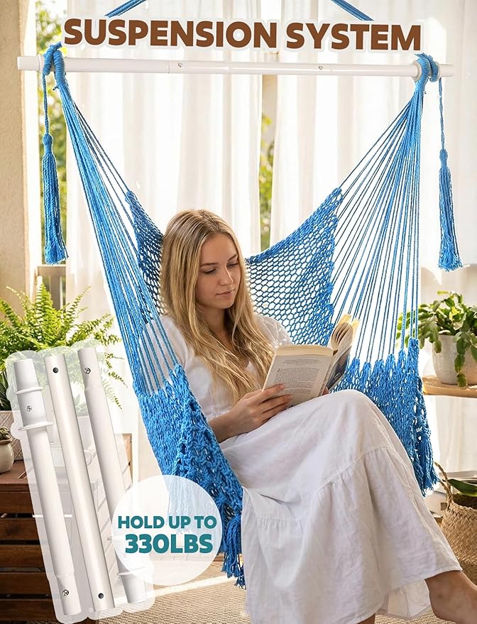 Chihee Hammock Chair Super Large Hanging Chair Soft-Spun Cotton Rope Weaving Chair, Collapsible Strong Metal Spreader Bar Wide Seat Lace Stretch Swing Chair Indoor Outdoor Garden Yard Theme Decoration Chihee