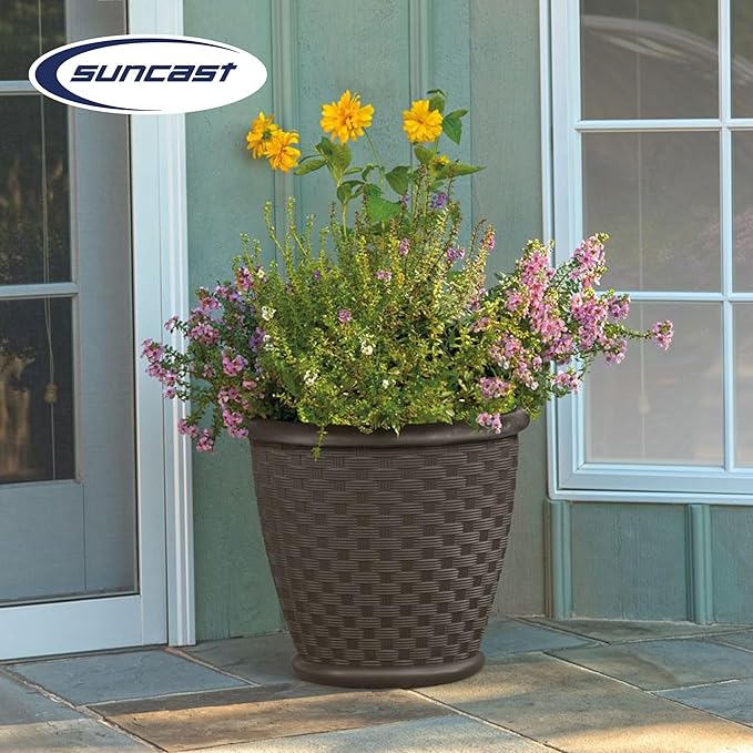 Suncast Sonora 18 Inch Lightweight Durable Plastic Wicker Decorative Flower Planter Pot for Yard, Garden, Indoor or Outdoor Use, Brown Suncast