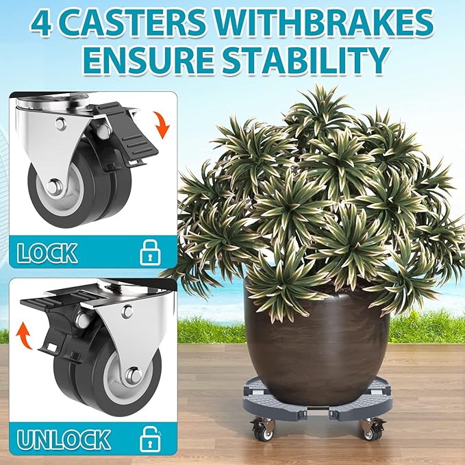VANCASTLE Plant Caddy Plant Stand with Wheels, Heavy Duty Plant Roller Base 15-22 Inch Adjustable，Palnt Wheel Base 440 LBS, Large Potted Planter Cart Dolly for Flower Mover, Gray, 2 Pack VANCASTLE