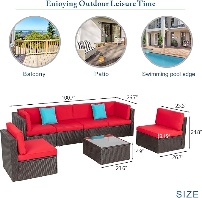 Vongrasig 7 Pieces Patio Furniture Sets, Outdoor All-Weather Wicker Patio Conversation Sets, L-Shaped Rattan Sectional Patio Sofa with Glass Table for Backyard, Red Vongrasig
