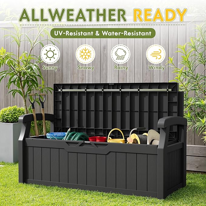 Greesum 80 Gallon Deck Box Storage Bench, Patio Furniture, Lockable, Waterproof and UV Resistant,with Armrest, Suitable for Garden, Porch, Poolside, Dark Black BuynowfromGreesum
