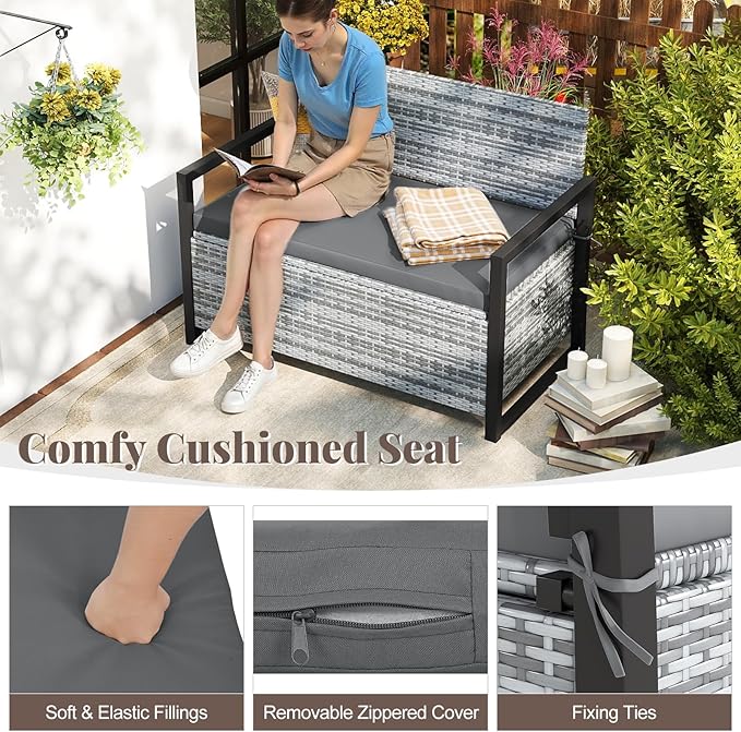 Tangkula 40 Gallon Outdoor Bench with Storage, Patio Wicker Storage Bench with Cushion, Cover, Metal Frame, Deck Box Seat for Backyard, Poolside, Balcony, Garden TANGKULA