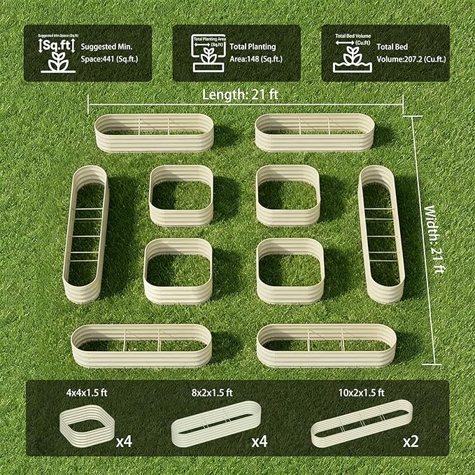 10-Pack 18” Tall Galvanized Raised Garden Beds – Compact Backyard Garden Layout, Fits 440 Sq Ft Backyard, 8x2 ft & 10x2 ft Metal Raised Flower Bed Kits for Outdoor Gardening - Sand Beige Annoell