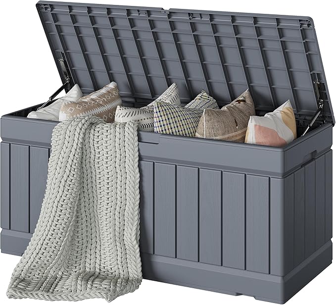 Devoko 78 Gallon Deck Box, Waterproof Resin Outdoor Storage Box for Outside and Patio, Outdoor Storage Bench Lockable for Patio Furniture, Garden Tools and Pool Supplies (Grey, 78 Gallon) DEVOKO