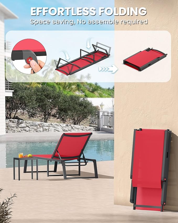 Aluminum Chaise Lounge Chair Outdoor, Foldable & Assembly Free Patio Pool Lounge Chairs 5-Position Recliner for Outside Poolside, Fully Grounded Legs Sun Lounger for Beach, Yard, Red Oasbira