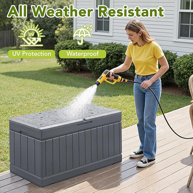 Devoko 78 Gallon Deck Box, Waterproof Resin Outdoor Storage Box for Outside and Patio, Outdoor Storage Bench Lockable for Patio Furniture, Garden Tools and Pool Supplies (Grey, 78 Gallon) DEVOKO