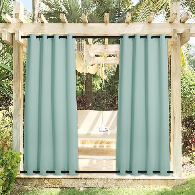 NICETOWN 2 Panels Weighted Outdoor Curtains 95 inch Long, Stainless Grommet Top & Bottom, Waterproof & Windproof Thermal Insulated Sun Blocking Privacy Curtains for Gazebo/Pergola, Aqua Blue, 52" W NICETOWN
