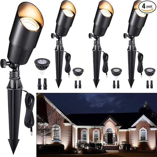 Gardenreet Brass Landscape Lighting - Black Outdoor Low Voltage Spotlights LED, 12V Wired Uplights, Waterproof Spot Lights for Outside Trees with 5W 5000K Daylight MR16 Bulb (4 Pack) Gardenreet