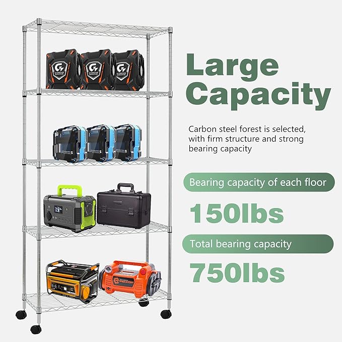 BestOffice | 5-Tier Wire Storage Shelves with Wheels | 14x30x60 | Chrome | Adjustable Racks | Heavy-Duty Metal Shelf, Holds Upto 220 lbs | No-Tool Assembly | Ideal for Home & Garage Shelving BestOffice