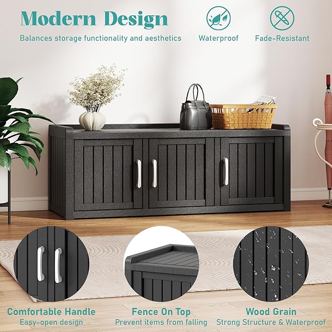 2-Tier Storage Bench, Waterproof UV-Resistant Outdoor Shoe Storage Cabinet with 3 Doors & Adjustable Shelves for Indoor Outdoor Entryway, Hallway, Living Room (Black) NBYSGO