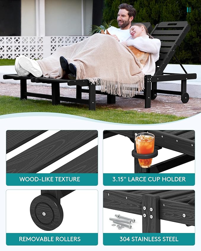 SERWALL Outdoor Chaise Lounge Set of 6, HDPE Pool Lounge Chair with 5-Position Adjustable Backrest, Patio Lounger with Rolling Wheels & Cup Holder for Pool, Black SERWALL