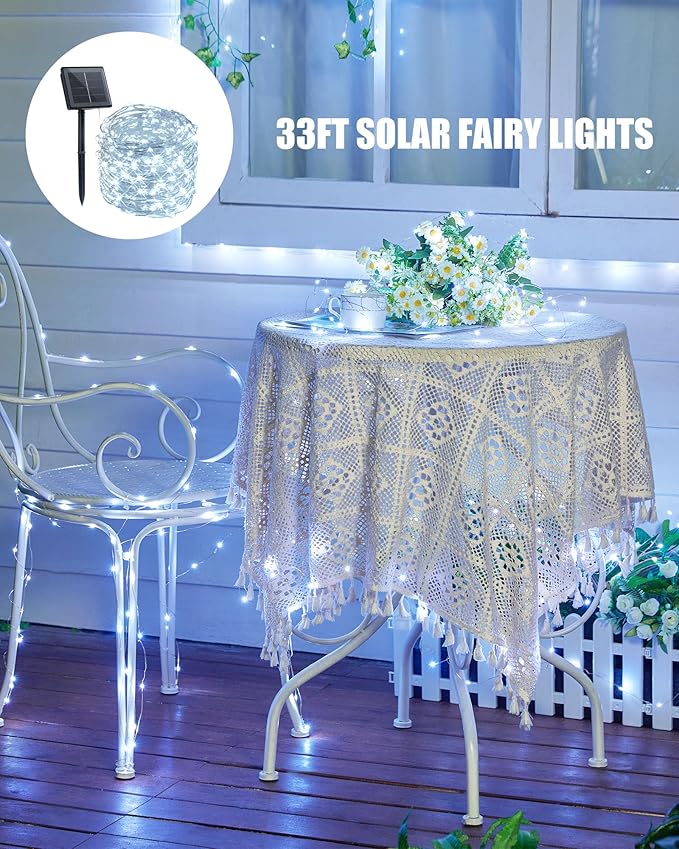 Minetom Solar String Lights for Outside, 33Ft 100 LED Outdoor Solar Fairy Lights, 8 Modes Balcony Lights for Tree Patio Christmas Party Wedding Decor (Pure White) Minetom