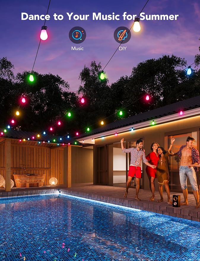 Govee Smart Outdoor String Lights H7016, 96ft RGBIC Outdoor Lights with 30 Dimmable LED Bulbs, IP65 Waterproof, Color Changing Warm White Lights with 47 Scene Modes for Patio, Backyard, App Control Govee