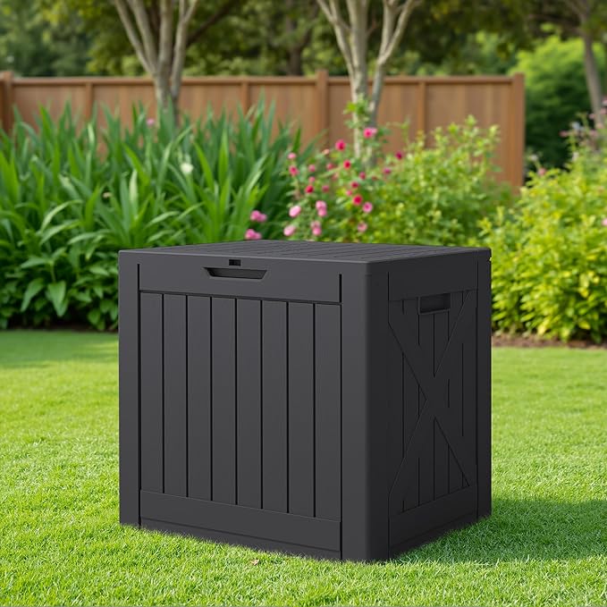 JUMMICO 42 Gallon Deck Box Waterproof, Resin Outdoor Storage Box with Side Handles, Outdoor Storage Benches Lockable for Patio Cushions and Garden Tools (Black) JUMMICO