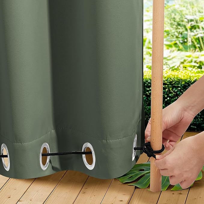 NICETOWN 2 Panels Weighted Blackout Outdoor Curtains for Patio Waterproof, Grommet & Back Tab on top and Bottom Windproof Privacy Thermal Drapes for Cabana with Fixed Rope, W52 x L95, Greyish Green NICETOWN