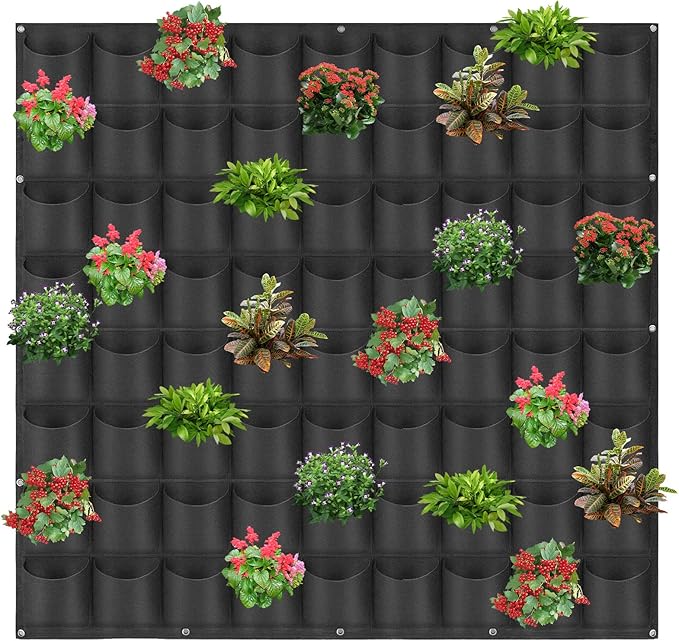 72 Pockets Hanging Planter Bags, Hanging Vertical Wall Mounted Plant Planting Grow Bags, Herb Garden Planter Outdoor Indoor Growing Bag, Gardening Vertical Greening Flower Container(1m×1m, Black) Pehciroe