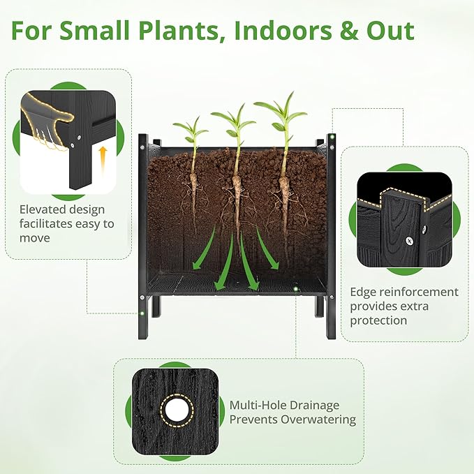 LUE BONA Outdoor Plant Pots, 13.7" x 12.5" x 14.5" HDPS Flower Pots with Drainage Holes, Outdoor Planters Boxes for Outdoor Plants - Porch Patio, Garden or Entryway, Black LUEBONA