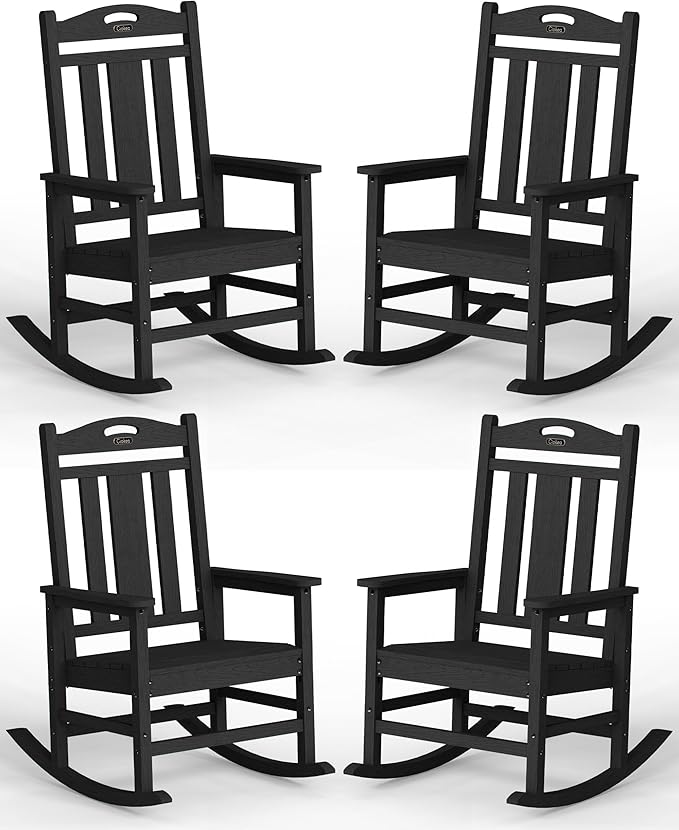Ciokea Oversized Outdoor Rocking Chairs Set of 4, 380lbs Heavy-Duty Large Patio Rocker, High Back Cozy Porch Chairs, Weather Resistant Patio Rocking Chairs for Outside, Fire Pit, Deck, Black CIOKEA