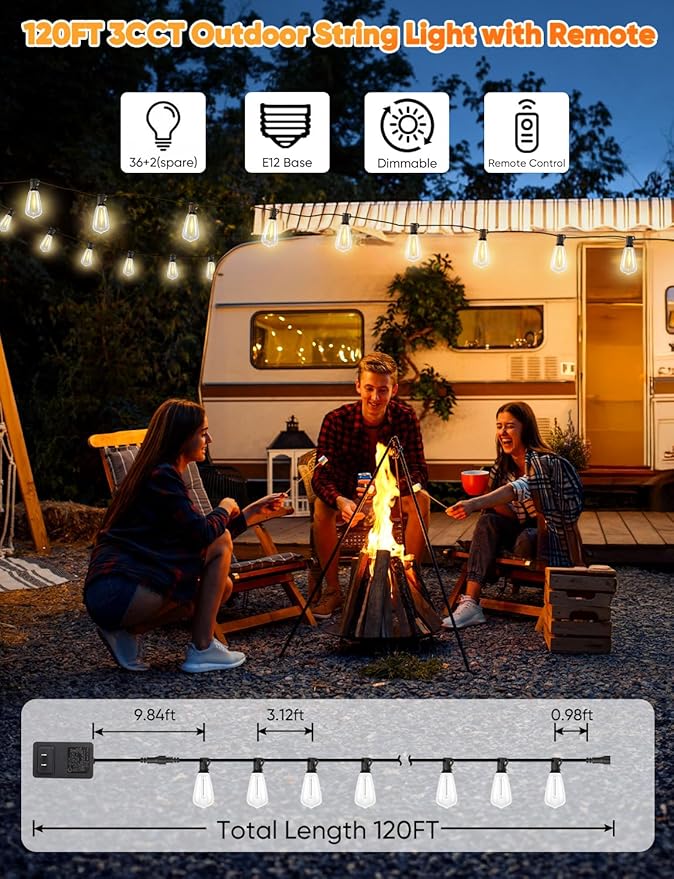 Brightever 3 Color in 1 LED Outdoor String Lights with Remote, 120FT Patio Lights Outdoor Waterproof with 38 Vintage Edison Bulbs, 3 Modes 2 Timer Dimmable String Light for Outside, 2700K/4000K/5000K Brightever