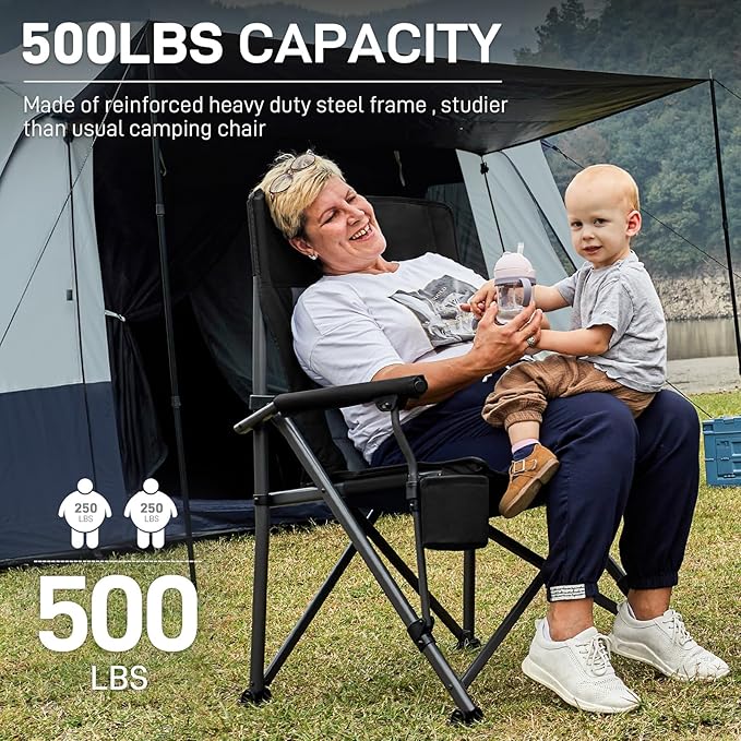 EVER ADVANCED Oversized Folding Camping Chair for Adults, Heavy Duty Lawn Chair with Side Pockets, Portable Collapsible Quad Chair for Outside, Support Up to 500lbs, Black EVERADVANCED