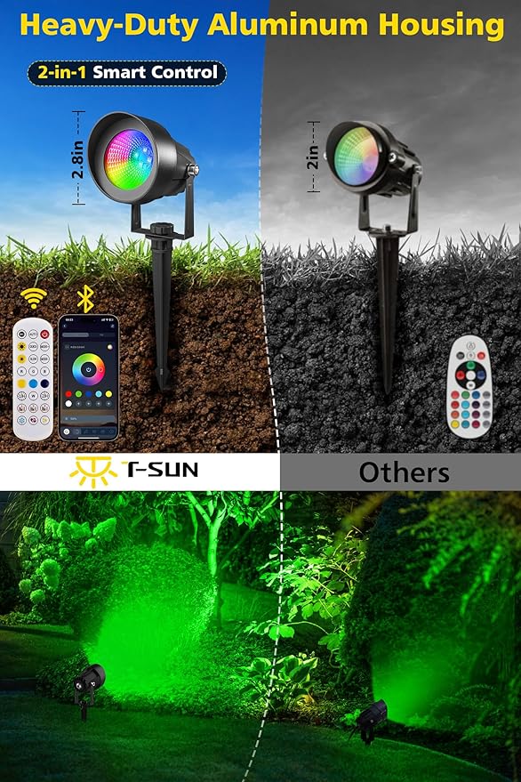 T-SUN Smart Color Changing Landscape Lights, RGBW Spotlights Outdoor with App & Remote, Music Sync, 16M Colors, Timer, Dimmable Waterproof Spot Light for Yard Garden Tree, Set of 2 T-SUN