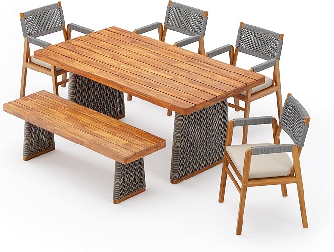 Christopher Knight Home Pasco Acacia Wood Outdoor Dining Table Set for 6, Wicker Patio Dining Set with Acacia Wood Table and Bench, Patio Table and Chair Set with Cushion+Rope Backrest, Teak+Grey ChristopherKnightHome