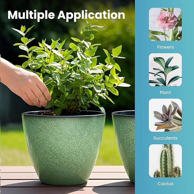 2 Pack Plant Pots for Indoor Outdoor Plants, 8 inch Plastic Flower Pots, Glazed Planter for Aloe, Herbs, Cactus (Green, 2pcs) Vanslogreen