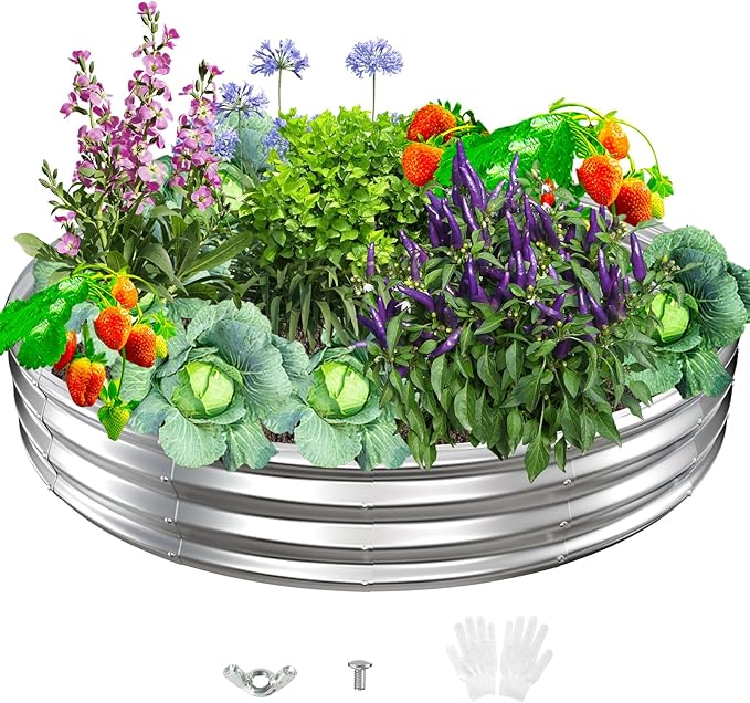Durable Round Galvanized Steel Raised Garden Bed for Planting,Round Galvanized Steel Fire Ring/Fir Pit for Outdoor- 6×6×1FT,0.8MM Thick (Silver, 72 ins Diameter x 12 ins high) zbzbml