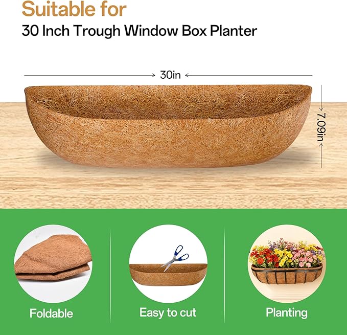 ZeeDix 30 Inch Trough Coconut Liners for Planters - 100% Natural Coconut Coir Fiber Planter Liners Replacement for Window Boxes, Wall Baskets, Deck Flower Boxes, Garden Railing Fence Troughs (2-Pack) ZeeDix