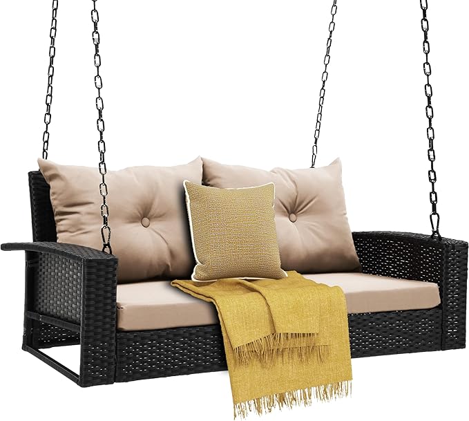 DWVO Hanging Porch Swing Chair Outdoor Wicker Rattan Patio Swing Lounge 2 Seats Cushions Capacity 530lbs for Balcony, Garden, Living Room, Brown Rattan Light Brown Cushion DWVO