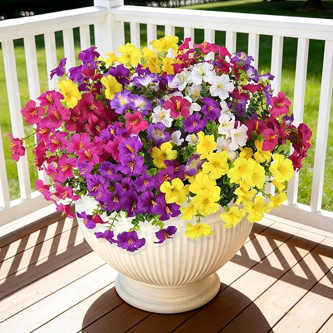 INQCMY Artificial Flowers for Outdoors Fake Plants Spring Decoration, 12 Bundles Faux Petunias UV Resistant No Fade Realistic Silk Flower for Outside Planters Patio Porch Yard Window Box INQCMYPlantRack
