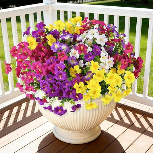 INQCMY Artificial Flowers for Outdoors Fake Plants Spring Decoration, 12 Bundles Faux Petunias UV Resistant No Fade Realistic Silk Flower for Outside Planters Patio Porch Yard Window Box INQCMYPlantRack