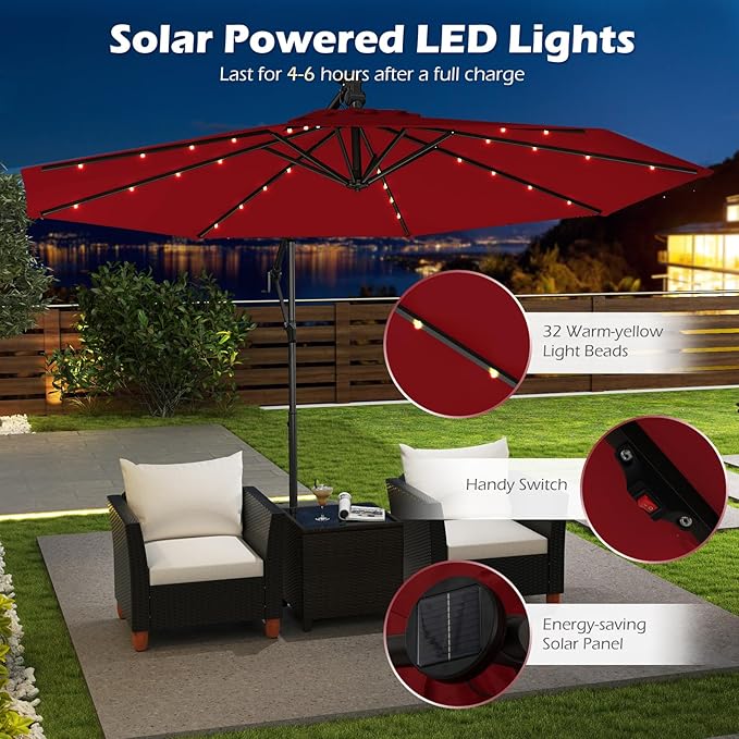 Tangkula 10ft Solar LED Patio Umbrella with Base, Offset Cantilever Outdoor Umbrella with 32 LED Lights, Infinite Tilt, 360 Degree Rotation, Crank Handle for Pool Deck Garden Backyard (Wine) TANGKULA