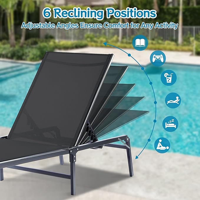 Outdoor Chaise Lounge Chair Set of 2, Foldable & Assemble-Free, 6 Adjustable Positions, Durable Rust-Resistant Frame, Portable Outdoor Pool Lounge Chairs for Pool Patio Beach, Black HOMELYM