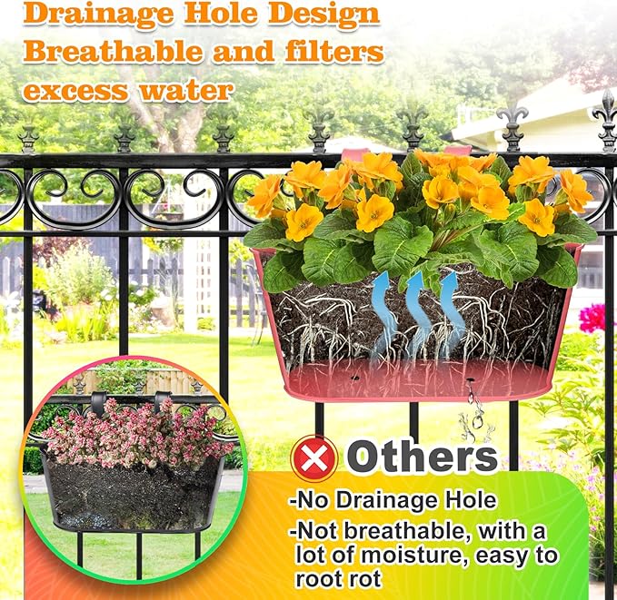 MADHOLLY Railing Planter with Drainage Holes - 6Pcs Sturdy Bucket Pots for Railing Fence, Countryside Style Metal Flower Pots for Herbs Balcony Garden Yard Decor, Colorful MADHOLLY