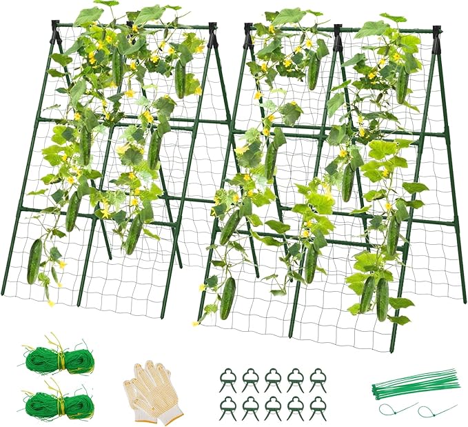 2 Pack Cucumber Trellis, 34"×48" Garden Trellis for Climbing Plants Outdoor, A-Frame Vegetable Trellis for Raised Bed, Support for Tomatoes, Squash, Zucchini, Vegetables & Flowers Lazzmonk