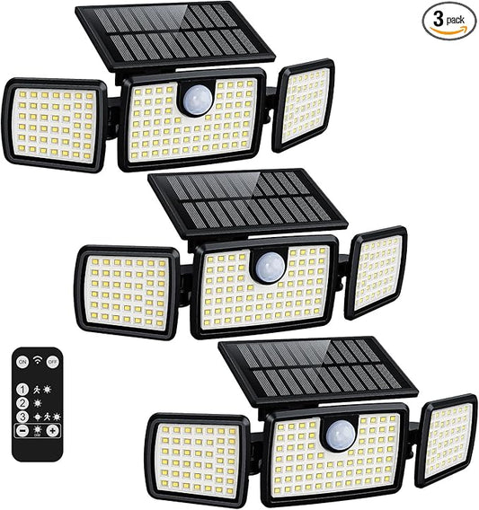 Solar Lights Outdoor, 3 Head Solar Motion Lights Outdoor with 2500LM High Brightness, Built-in Bigger Tempered Glass Solar Panel, Sensitive PIR Motion Inductor(3-Pack) MIHANI