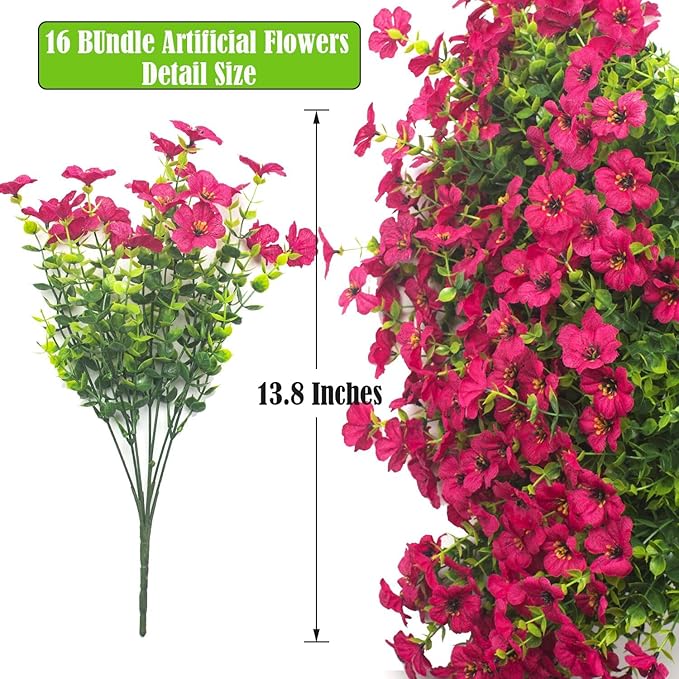 Artificial Fake Flowers for Outdoor Spring Decoration, 16 Bundles Faux Silk Colorful Daisy UV Resistant Realistic for Outside Porch Patio Home Yard Garden Planters Pots Window Box (Rose Red) Grunyia