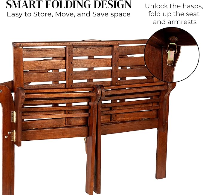 Plow & Hearth Weatherproof Lutyens Eucalyptus Wood Garden Bench | Foldable Patio Benches | Outdoor Furniture Seating for Porch Park Deck | Natural PlowHearth