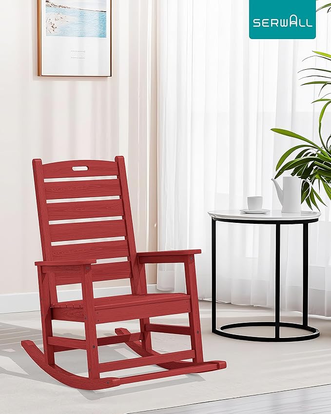 SERWALL Outdoor Rocking Chair Set of 4, Oversized HDPE Patio Rocking Chair with Footrest for Adults, All Weather Porch Rocker for Deck Patio Balcony, Red SERWALL