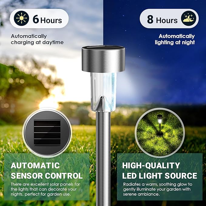 GIGALUMI Solar Lights Outdoor Waterproof, 12 Pack, Stainless Steel LED Solar Garden Lights for Patio, Lawn, Yard and Landscape, Cold White GIGALUMI